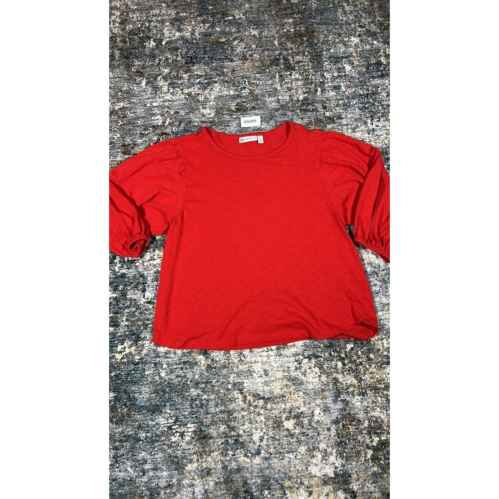 Rafaella Red Puff Sleeve Slub Knit Top Women Petite Large Scarlet Round Neck
